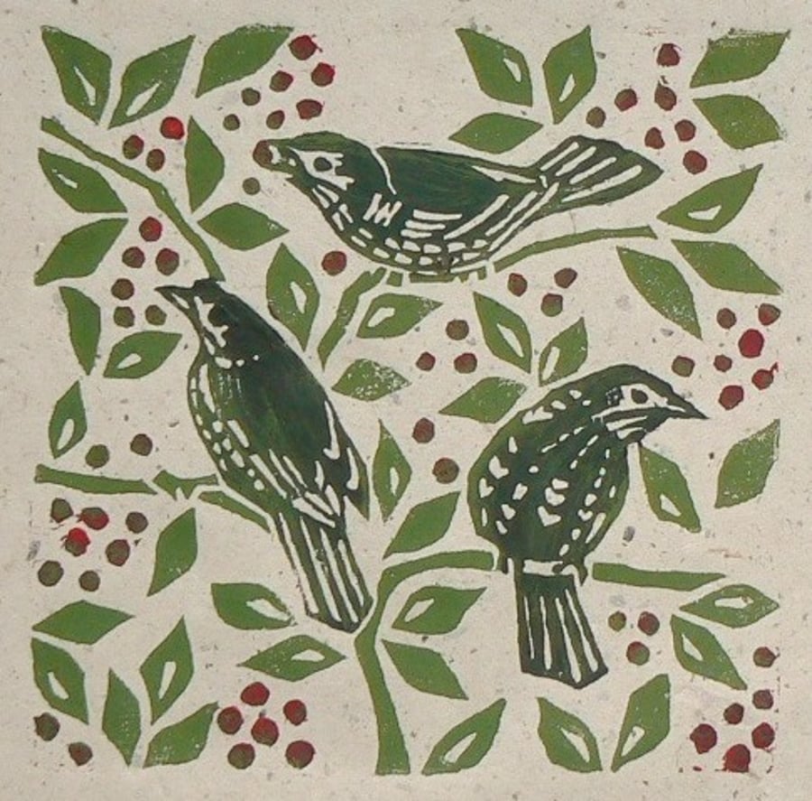 Fieldfares linocut print