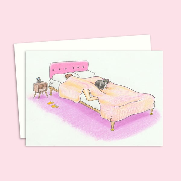 Cute Cat Greeting Card - Cosy Bed Cat Illustration - Blank Inside