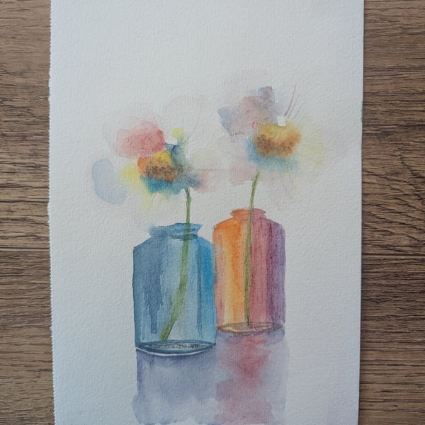 Watercolour original flowers in vase Painting A5