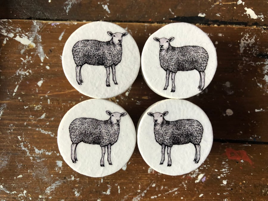 Handmade sheep Ewe pine door knobs wardrobe drawer handles decoupaged