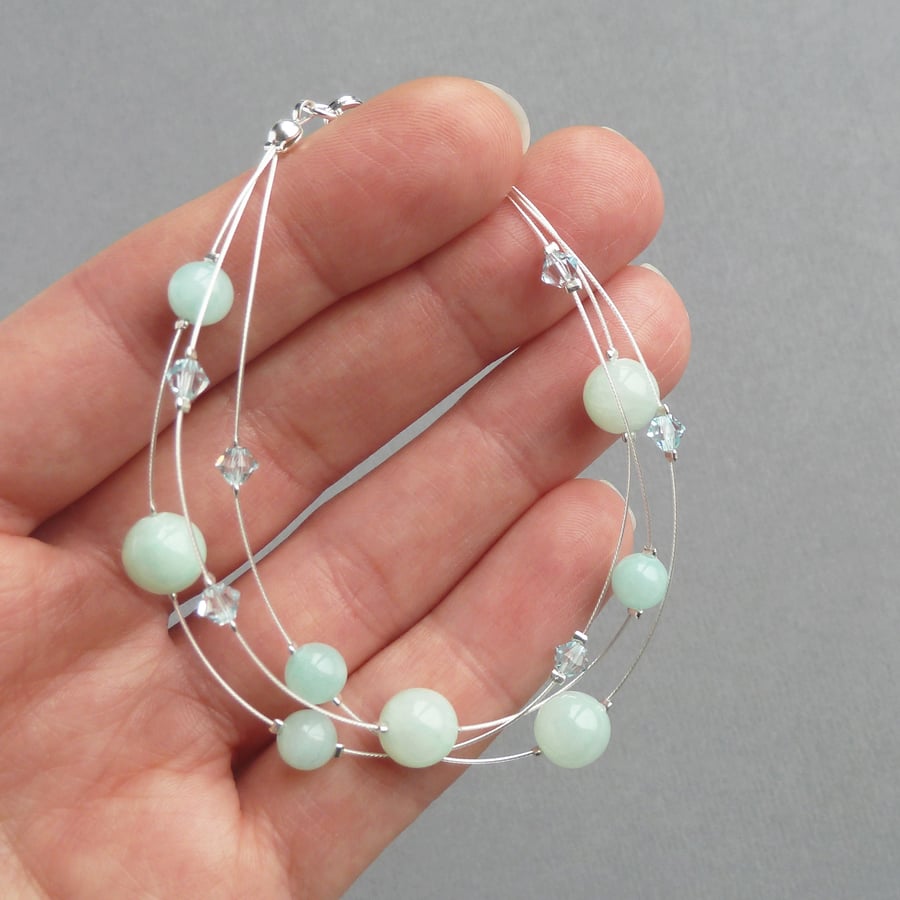 Mint Green Multi-strand Bracelet - Aqua Bridesmaids Jewellery - Jade 3 Strand 