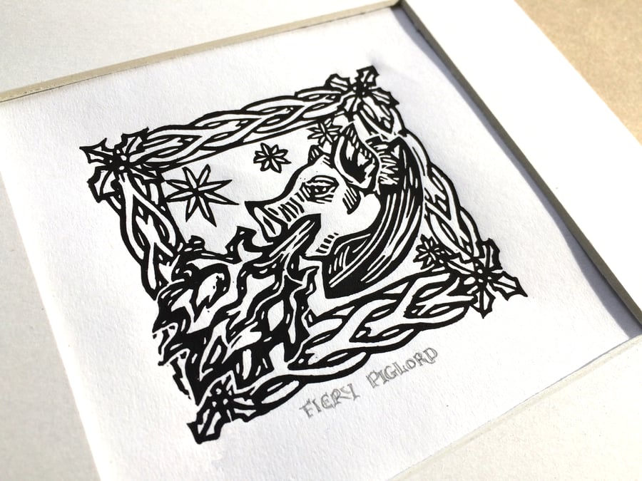 Fiery PigLord in Black & White - Limited Edition Linoprint