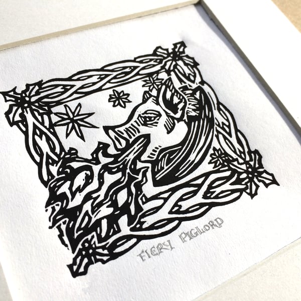 Fiery PigLord in Black & White - Limited Edition Linoprint