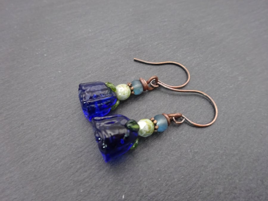 blue lampwork glass rose earrings