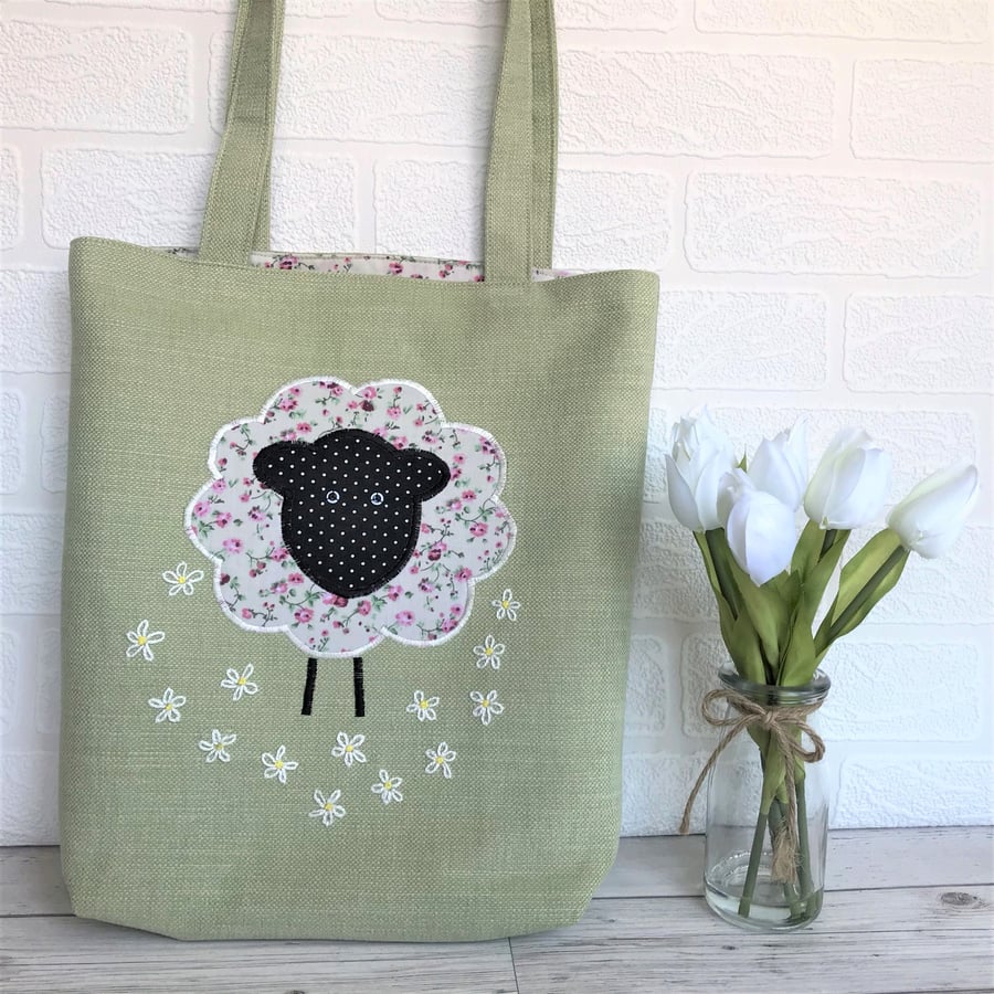 Sheep bag, Sheep tote bag in pale green with floral print applique sheep