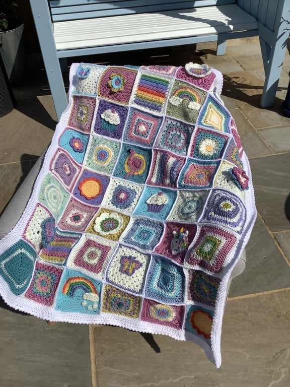 Handmade Crochet Blanket Throw - Unicorn Granny Square - Pastel colours 90x120cm