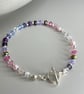 Sterling silver mixed purple and pink glass beaded bracelet 