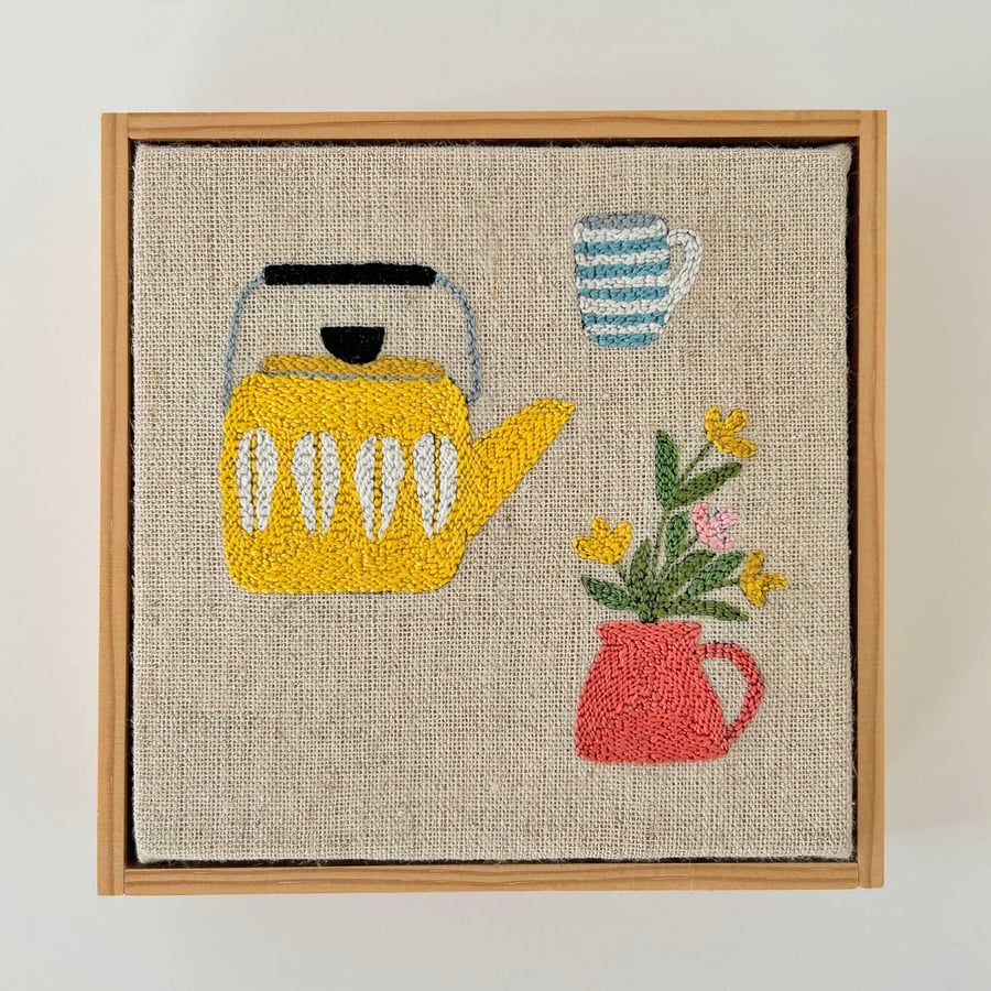 Catherine Holm Yellow Kettle, Original Punch Needle Art, Original Textile Art 