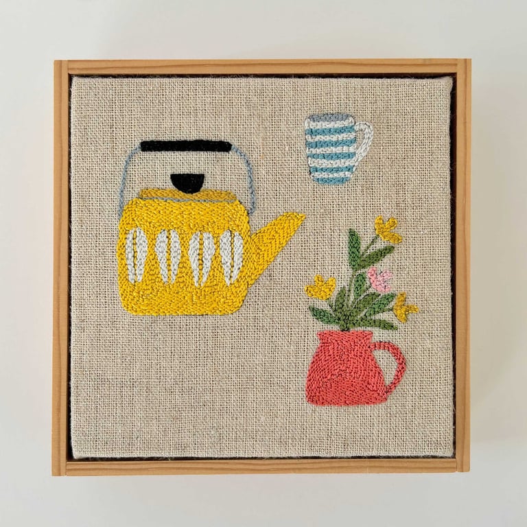 Catherine Holm Yellow Kettle, Original Punch Needle Art, Original Textile Art 