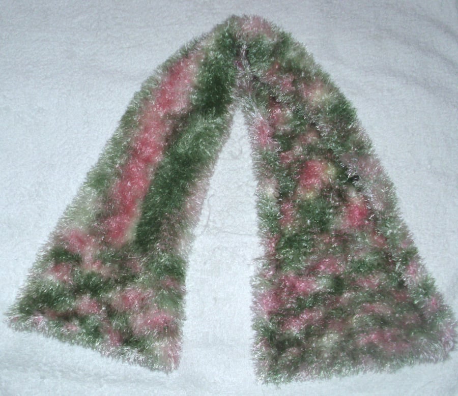 Hand knitted pale pink and green scarf