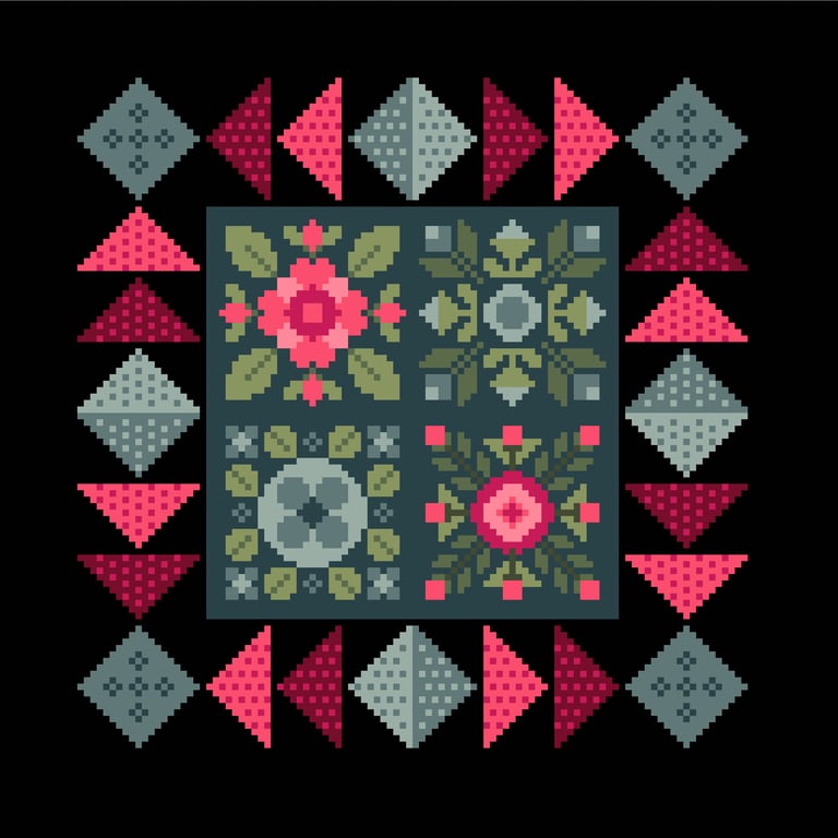 297 - Cross stitch Pattern Patchwork quilt block flowers Midnight Garden Squares