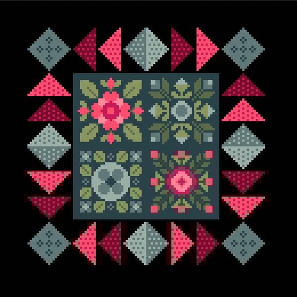 297 - Cross stitch Pattern Patchwork quilt block flowers Midnight Garden Squares
