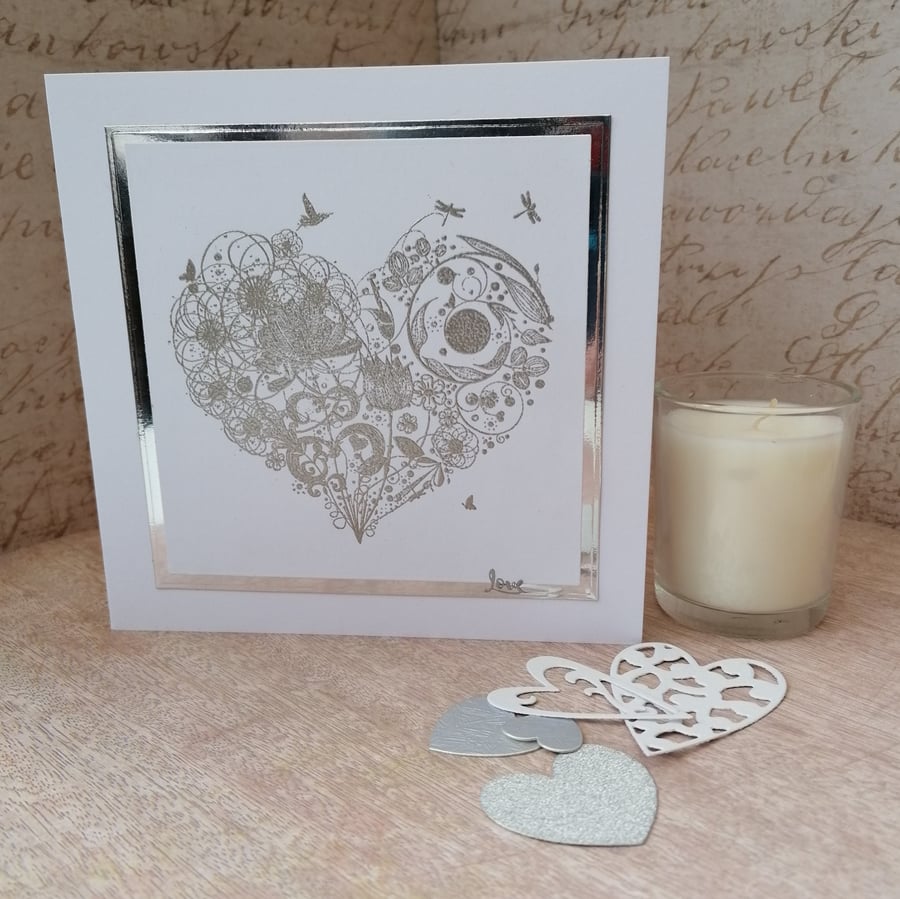 Silver Heart Valentine, Anniversary, Engagement Card