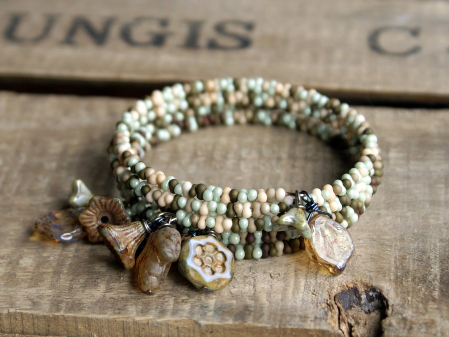 Rustic Memory Wire Bracelet Pair - Woodland Green