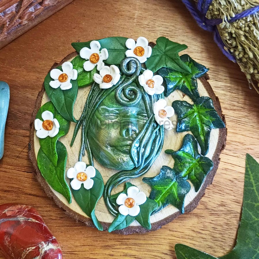 Green Woman of Beltane Altar Tile. Handmade Pagan Sabbat Decoration Wicca Witch
