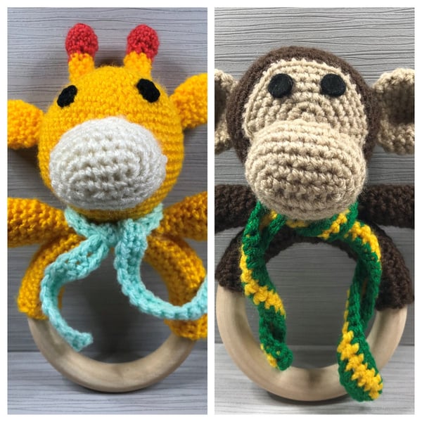 Giraffe or Monkey Baby Rattle and Teether