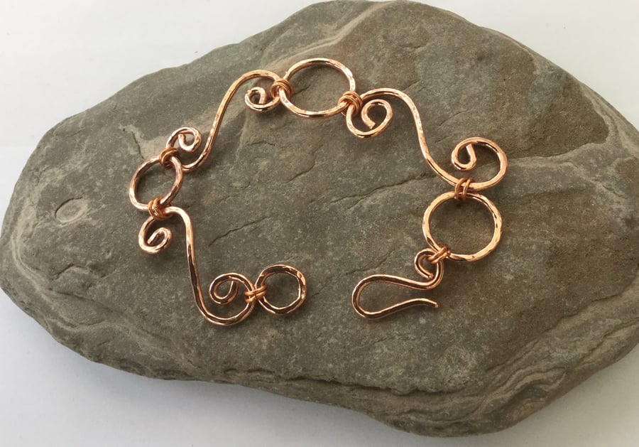 Copper Scroll Link Bracelet, Hammered,
