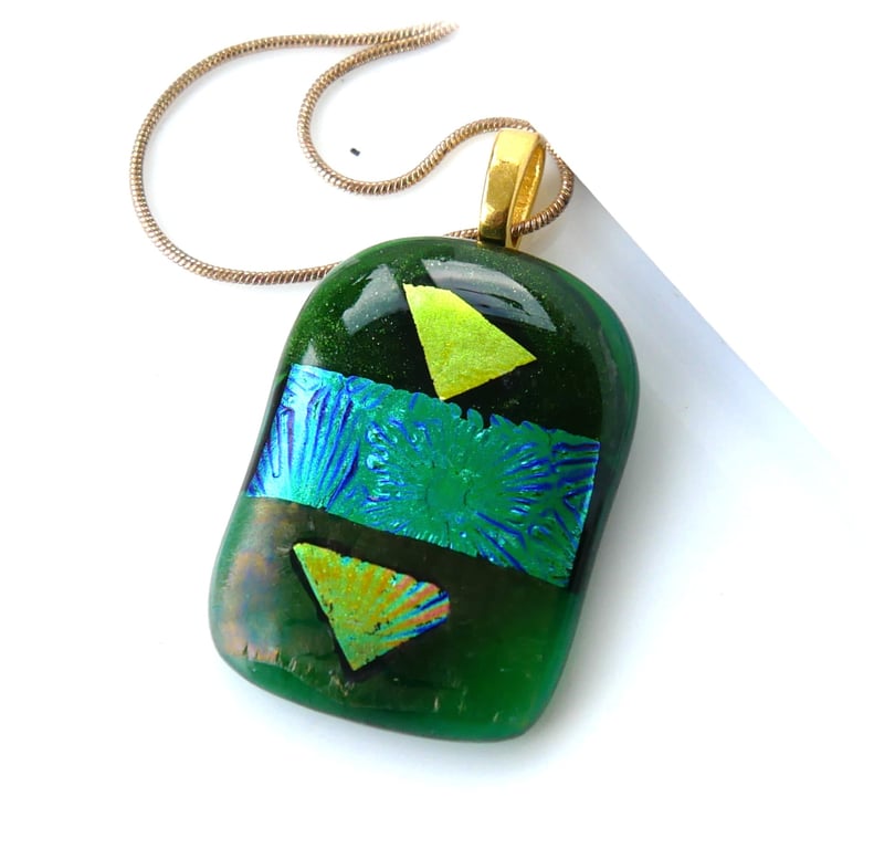 Dichroic Glass Pendant 274 Green Handmade with gold plated chain