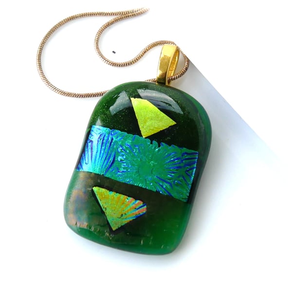 Dichroic Glass Pendant 274 Green Handmade with gold plated chain