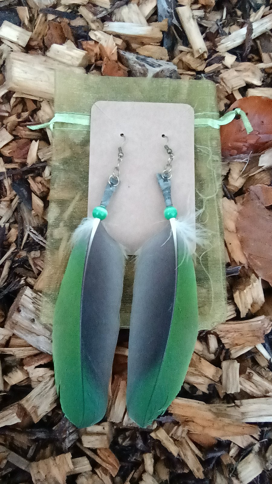Green Goddess - Pair of feather & bead earrings - Green & grey