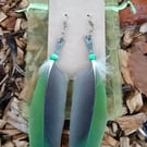 Green Goddess - Pair of feather & bead earrings - Green & grey