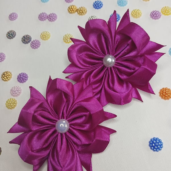 Set of Hair Ties with Satin Flowers — Handmade Accessory in Rich Fuchsia Colour