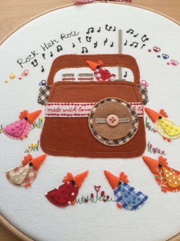 Embroidered Hoop art "Rock Hen Roll "