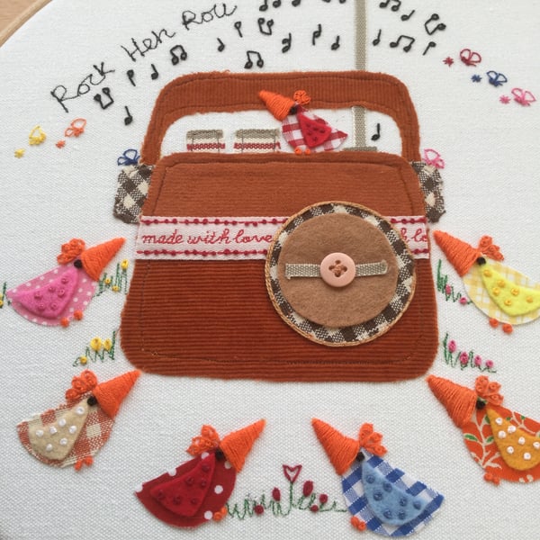 Embroidered Hoop art "Rock Hen Roll "