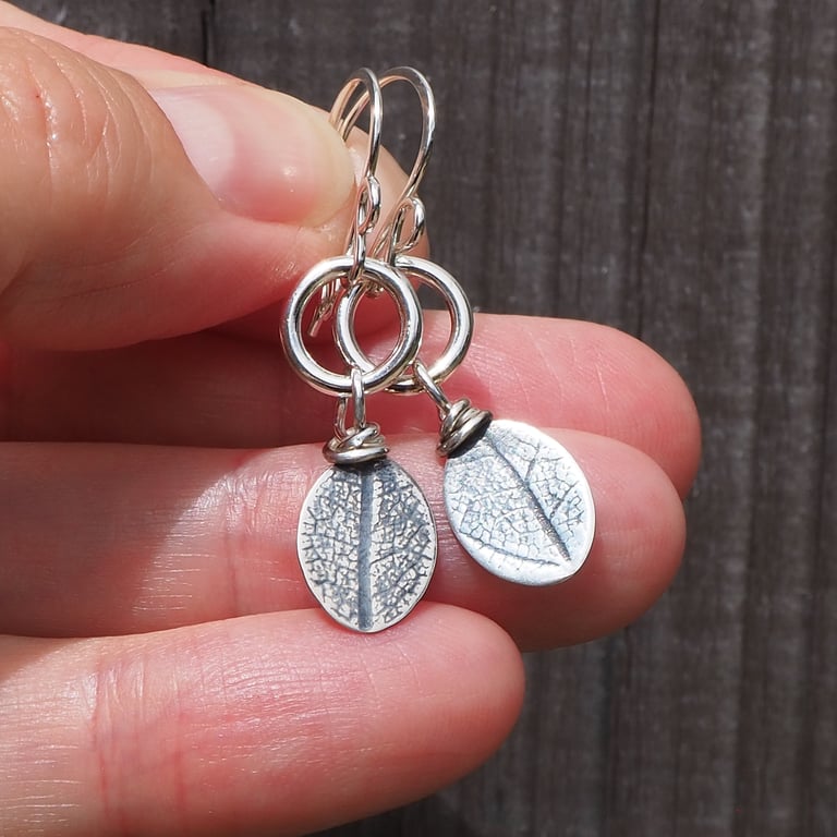 Silver leaf embossed earrings, handmade silver earrings