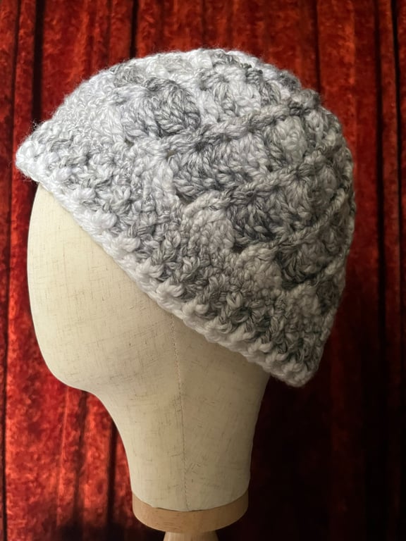 Grey and White Chunky Cosy Swirly Patterned Crocheted Hat 