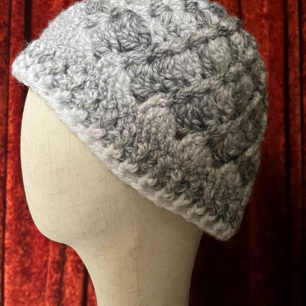 Grey and White Chunky Cosy Swirly Patterned Crocheted Hat 