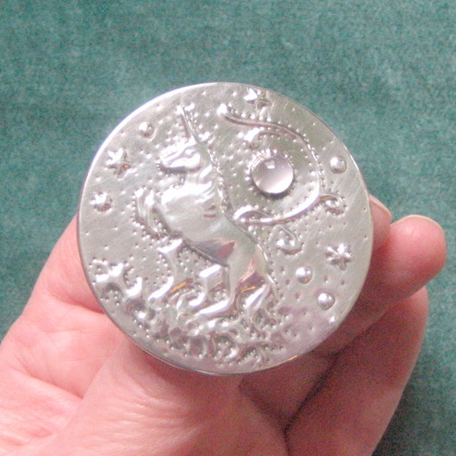 RESERVED.Unicorn moonstone brooch in pewter