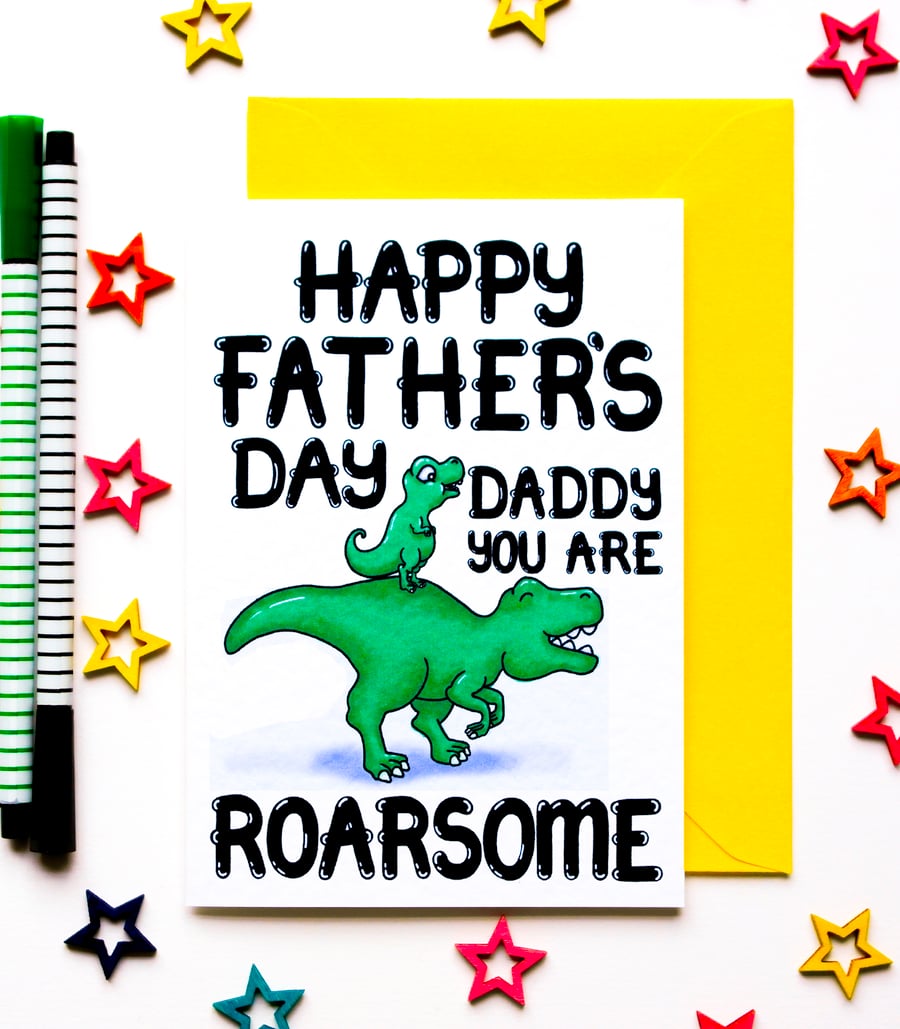 Dinosaur Fathers Day Card, Daddy You Are Roarsome From Daughter, Son