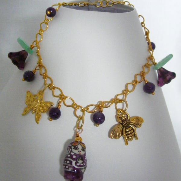 Gold and Purple Charm Anklet