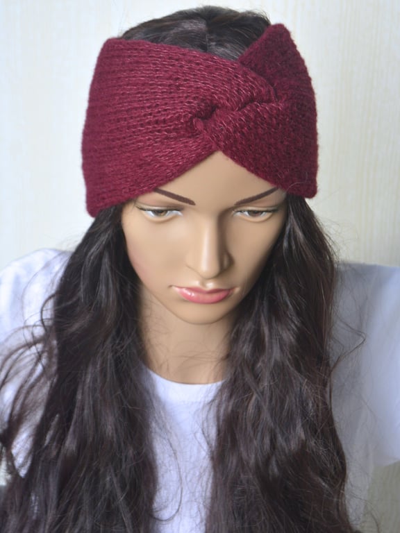 Knitted Headband Earwarmer Soft Alpaca Silk Red Wine Letterbox Gift