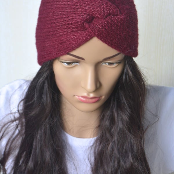 Knitted Headband Earwarmer Soft Alpaca Silk Red Wine Letterbox Gift