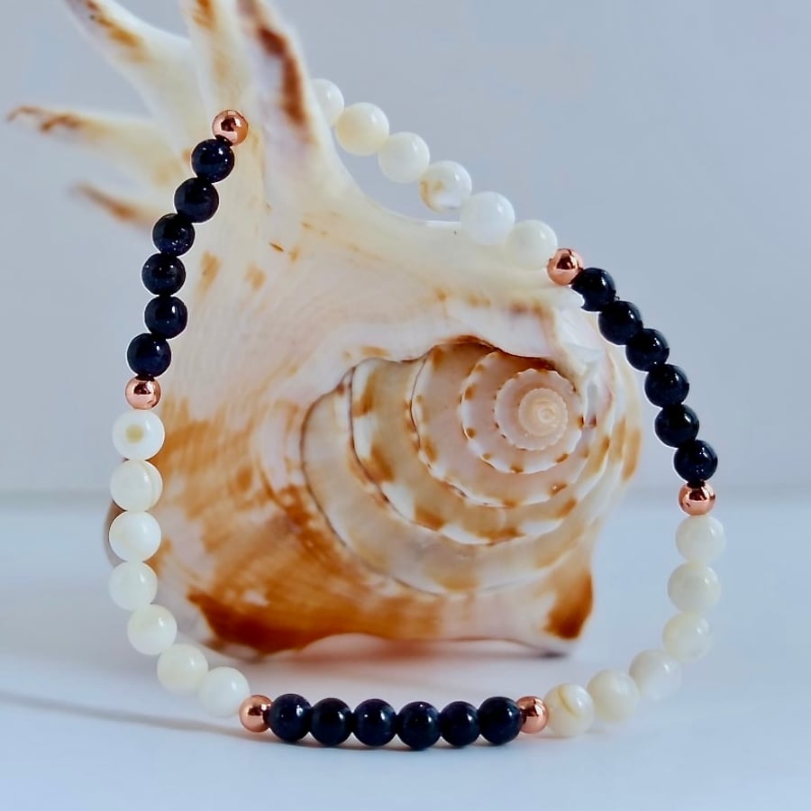 Blue Aventurine Glass, White Shell And Copper Beads Bracelet - Seconds Sunday