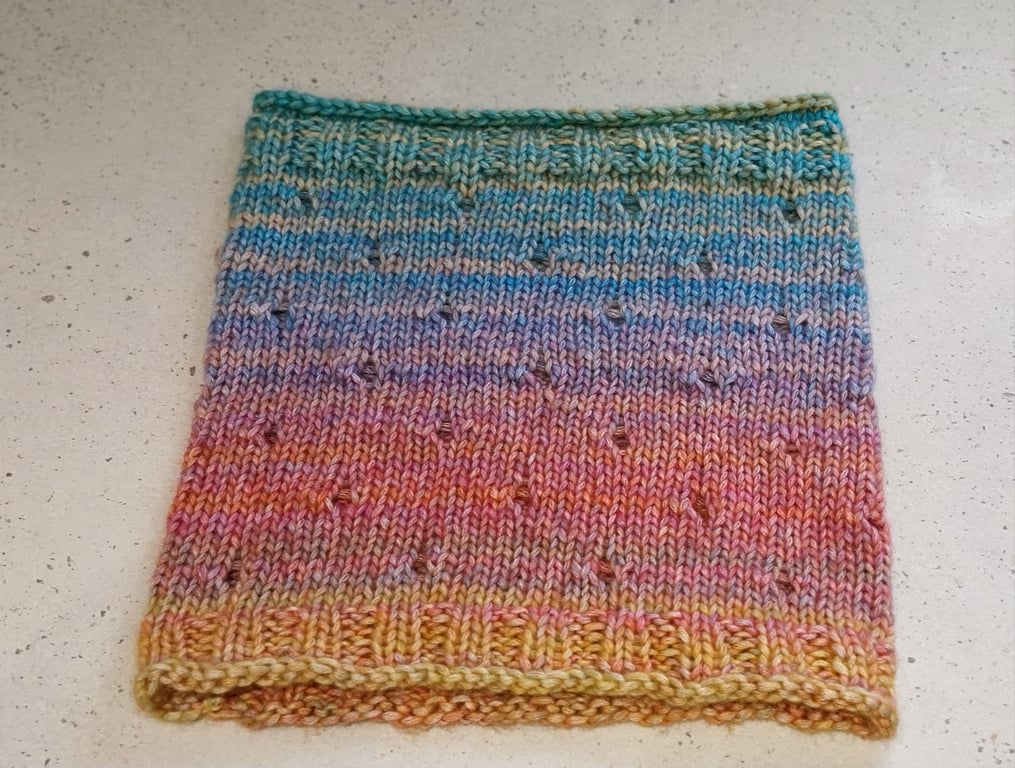 Handknit Cotton blend Circular Eyelet Cowl in pastel rainbow 