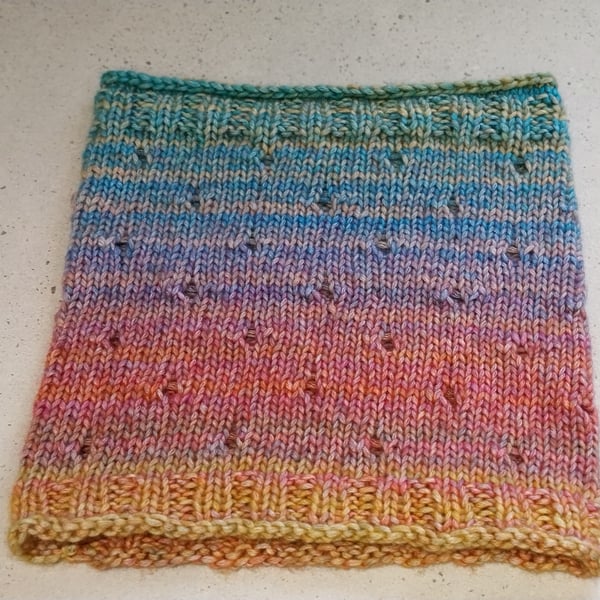 Handknit Cotton blend Circular Eyelet Cowl in pastel rainbow 