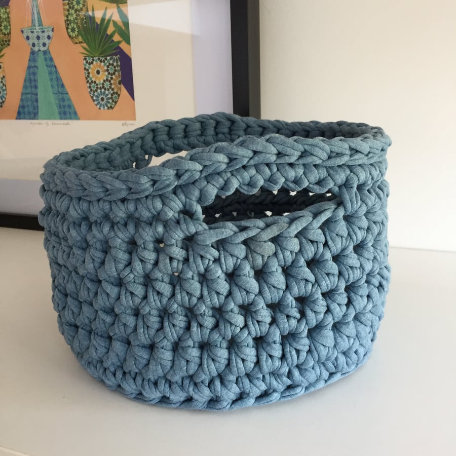 Crochet basket made with upcycled tshirt yarn - denim blue