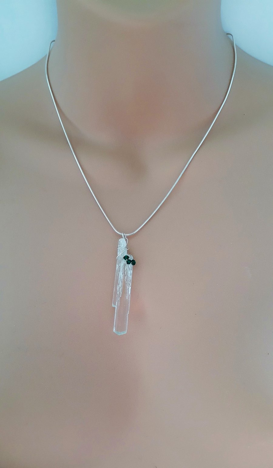 Green Kunzite Pendant Wire Wrapped in Sterling Silver with Swarovski Crystals