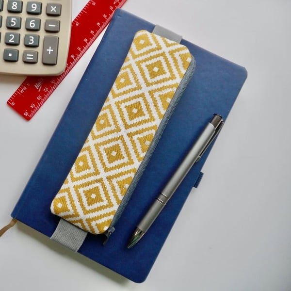 Pencil case for cover of book diary journal elasticated yellow and grey 