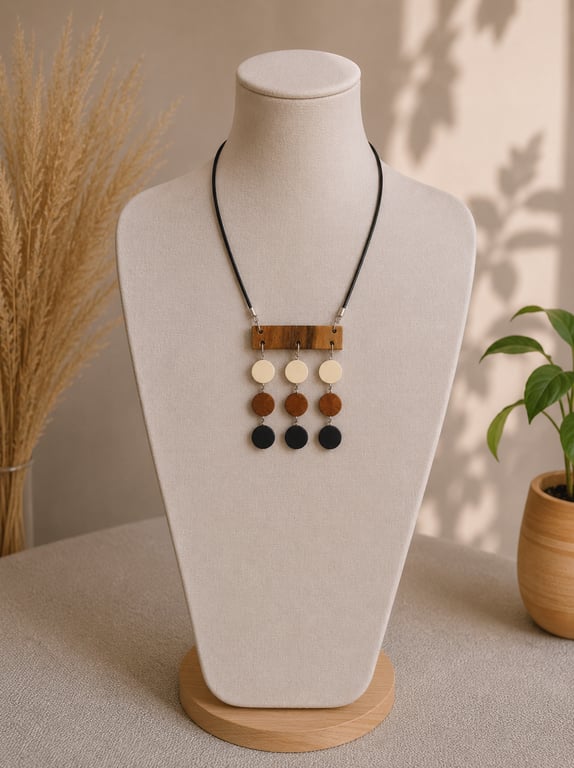 Upcycled Polished Wood Disk Statement Necklace Reclaimed Boho Jewellery
