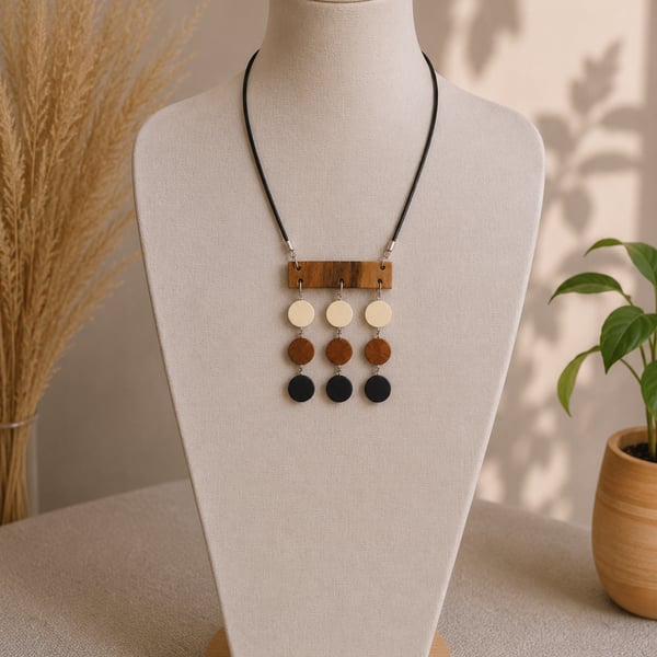 Upcycled Polished Wood Disk Statement Necklace Reclaimed Boho Jewellery