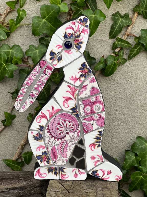 Mosaic Moon Gazing Hare, Made with Vintage china, Ceramic Mosaic Art