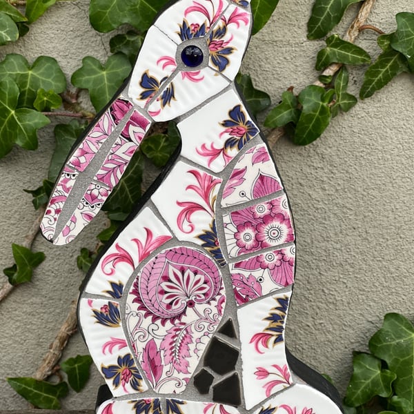 Mosaic Moon Gazing Hare, Made with Vintage china, Ceramic Mosaic Art
