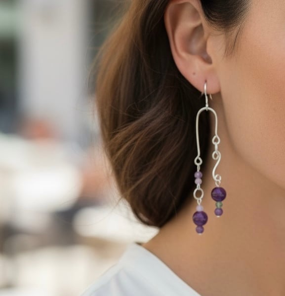 Sterling Silver Amethyst Peridot & Rose Quartz Earrings - Gift Boxed