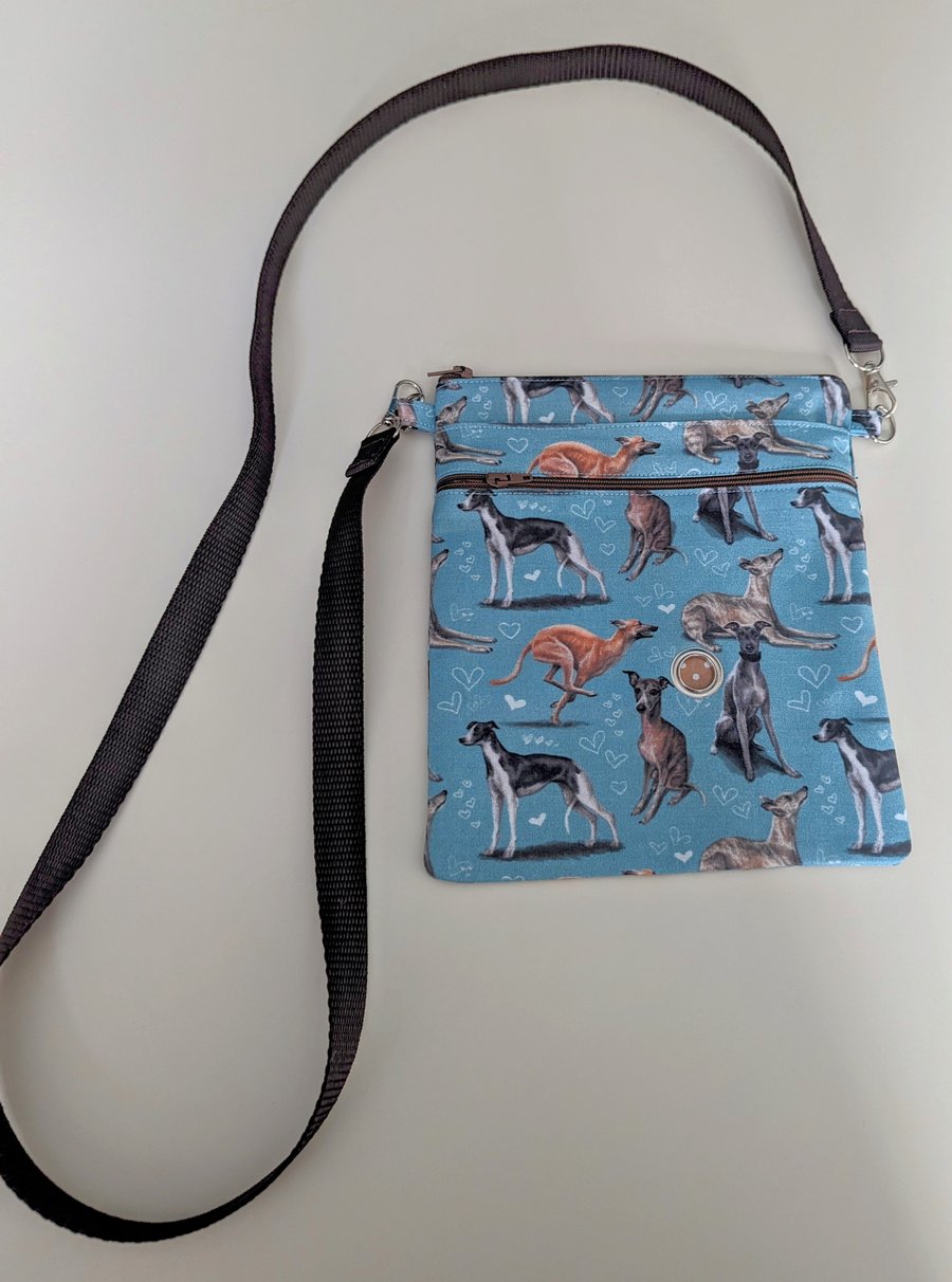 Dog walking bag in Whippet, Greyhounds, Speedy Dogs fabric