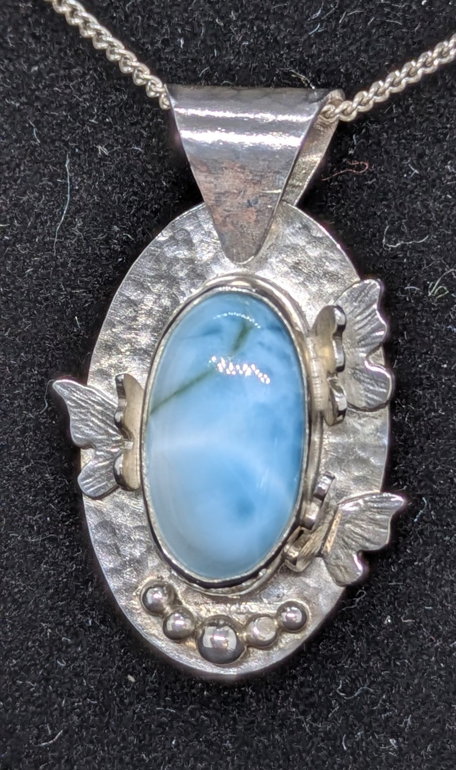 Sterling silver pendant with larimar and butterflies, Larimar necklace