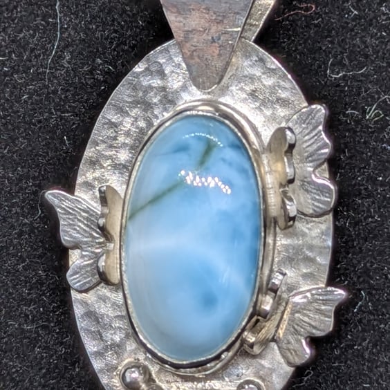 Sterling silver pendant with larimar and butterflies, Larimar necklace